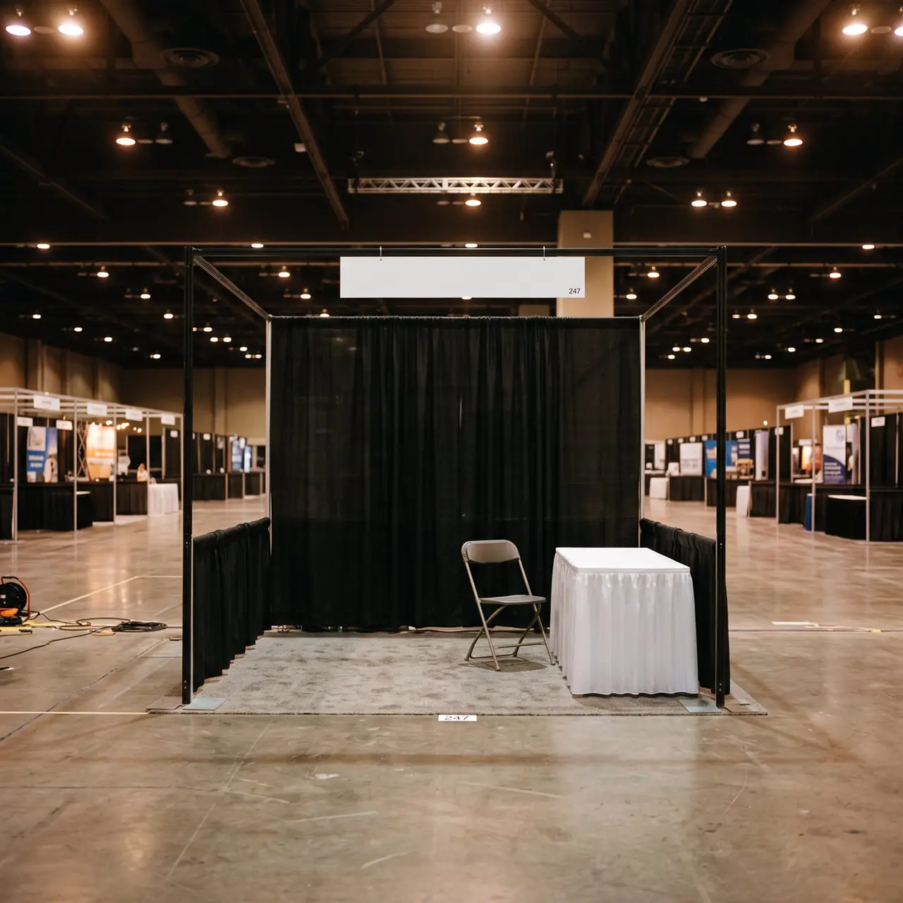 An empty exhibition booth on a show floor.